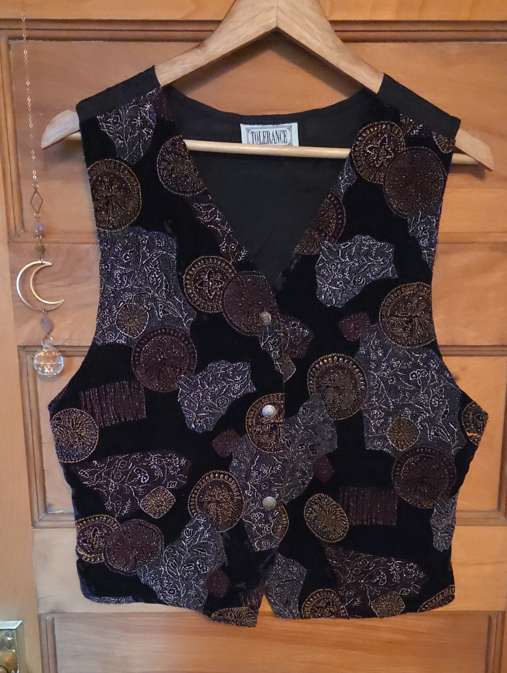 Embossed 80's Black Velvet Button Front Vest with Autumn Gold & Brown Accents